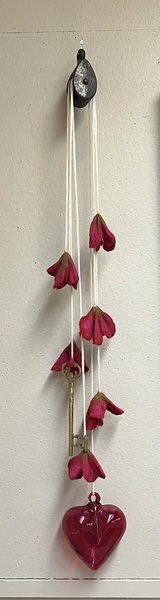 Monica Maya Pulley with Glass Heart and Brass Key with Merino Wool Felted Flowers