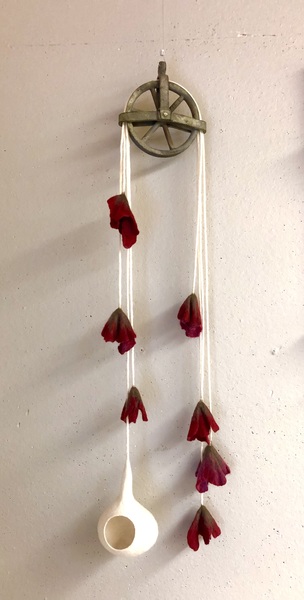Monica Maya Pulley with Merino Wool Flowers and Needle Felted Mouse in a Wool Pod